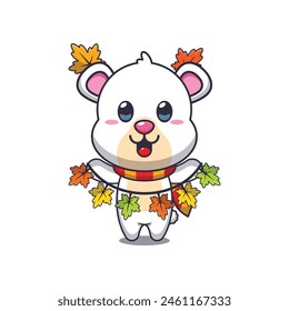 Cute polar bear with autumn leaf decoration. Mascot cartoon vector illustration suitable for poster, brochure, web, mascot, sticker, logo and icon.