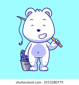 Cute Polar Bear With Big Catch Cartoon Vector Icon Illustration. Animal Nature Concept. Flat Cartoon Style.