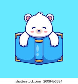 Cute Polar Bear With Book Cartoon Vector Icon Illustration. Animal Education Icon Concept Isolated Premium Vector. Flat Cartoon Style