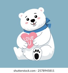 Cute polar bear with a bow hugging a heart with the inscription Love U. Character for a card for Valentine's Day, birthday and other holidays. Blue background.