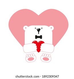 Cute polar bear in a bow tie with a red heart in its paws. 