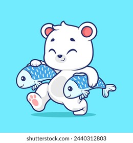 Cute Polar Bear Bring Fish Cartoon Vector Icon Illustration. Animal Food Icon Concept Isolated Premium Vector. Flat Cartoon Style