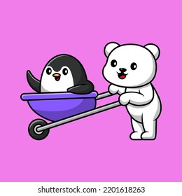 Cute Polar Bear Bring Penguin With Trolley Cartoon Vector Icon Illustration. Flat Cartoon Concept