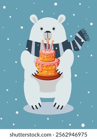 Cute polar bear with cake. Festive winter birthday card. Vector.