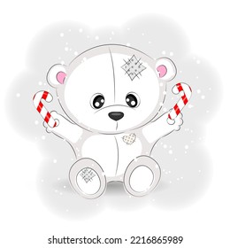 Cute polar bear with candy, vector Christmas illustration