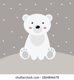 Cute polar bear card. Winter illustration for poster, card, sticker, kid room decor. Cute character white bear. Christmas card with funny sitting bear and snow. Scandinavian poster.