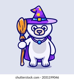 cute polar bear carrying flying broom