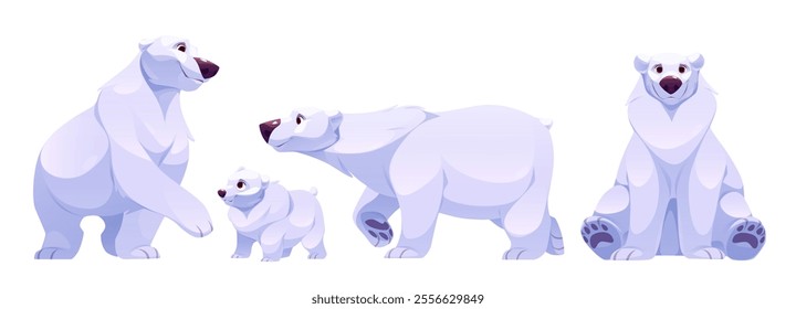 Cute polar bear cartoon. Arctic white north animal sitting and standing isolated graphic. Happy predator family with mother, kid and father drawing kit. Canada big wildlife character icon design