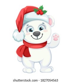 Cute polar bear cartoon character. Merry Christmas and Happy New Year. Vector illustration on white background