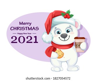 Cute polar bear cartoon character with coffee and cookie. Merry Christmas and Happy New Year greeting card. Vector illustration