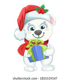 Cute polar bear cartoon character holding gift box. Merry Christmas and Happy New Year. Vector illustration on white background