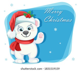 Cute polar bear cartoon character. Merry Christmas and Happy New Year greeting card. Vector illustration