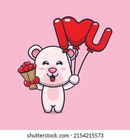 cute polar bear cartoon character holding love balloon and love flowers