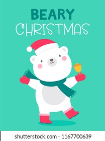 Cute polar bear cartoon illustration with text “Beary christmas” for christmas and new year card design.