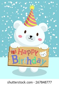 A cute polar bear cartoon with party hat holding birthday greeting board in snow day background.