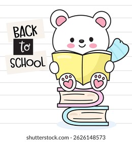 Cute Polar Bear Cartoon Reading Book on Book Stack. Back to School Kids Kawaii Animals. Flat Baby Kitten Playing Illustration.