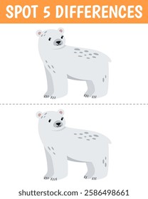 Cute polar bear in cartoon style. Find 5 differences. Educational matching animal game for children. Printable worksheet with solution for school and preschool.