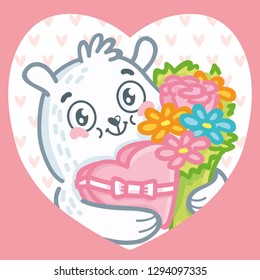 Cute Polar Bear character holding flowers and candy box on pink romantic background with hearts. Hand drawn art illustration in cartoon, doodle style