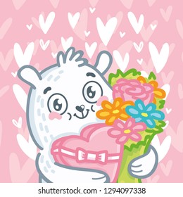 Cute Polar Bear character holding flowers and candy box on pink romantic background with hearts. Hand drawn art illustration in cartoon, doodle style