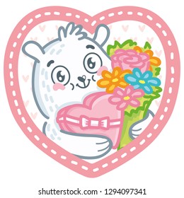 Cute Polar Bear character holding flowers and candy box on pink romantic background with hearts. Hand drawn art illustration in cartoon, doodle style