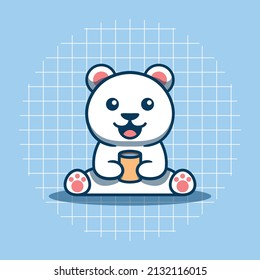 Cute polar bear character holding a glass vector illustration. Flat cartoon style. Suitable for stickers, logos, mascots, and more.