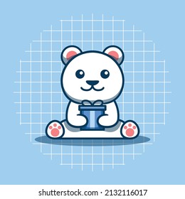Cute polar bear character holding a gift vector illustration. Flat cartoon style. Suitable for stickers, logos, mascots, and more.