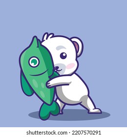 cute polar bear character playing with fish