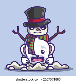 cute polar bear character playing with snowman