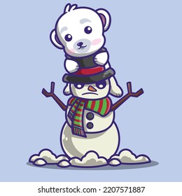 personaje del oso polar lindo jugando con el muñeco de nieve