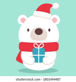 Cute polar bear character wearing Santa hat and scarf, holding gift box. Flat design style, vector illustration.