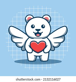 Cute polar bear character with wings hugging heart vector illustration. Flat cartoon style. Suitable for stickers, logos, mascots, and more.