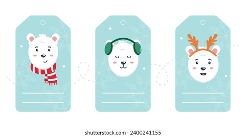 Cute polar bear characters in holiday clothes. Design template for tags or labels Merry Christmas and New Year. Vector illustration