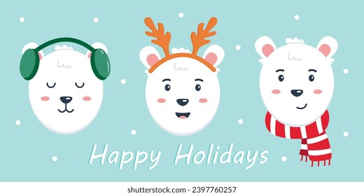 Cute polar bear characters. Merry Christmas and New Year card design template