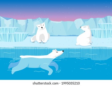 Cute polar bear characters swimming and sitting on iceberg. White arctic animals in water and on glacier cartoon vector illustration. Animals, zoo, nature, environment concept