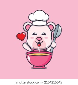 cute polar bear chef mascot cartoon character with soup