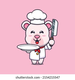cute polar bear chef mascot cartoon character with knife and plate