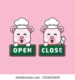 cute polar bear chef mascot cartoon character with open and close board