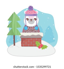 cute polar bear in chimney tree snow merry christmas vector illustration
