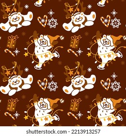 Cute polar bear and christmas decoration. Christmas print. Seamless pattern. Vector.