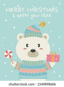 Cute polar bear christmas greeting card pastel cartoon. Christmas pastel greeting card vector cartoon. 