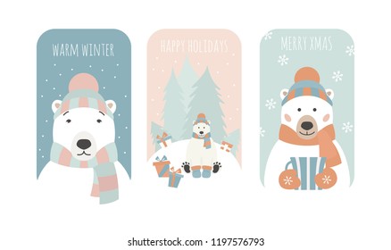 Cute polar bear. Christmas holiday greeting card, poster design. Vector illustration