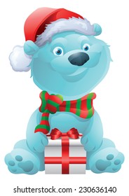 Cute polar bear with christmas present isolated