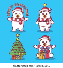 Cute polar bear christmas theme vector illutration set