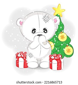 Cute polar bear with a Christmas tree and presents, vector Christmas illustration