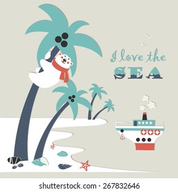 Cute polar bear climbed a palm tree. Vector illustration