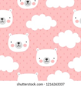 Cute Polar Bear with Clouds Seamless Pattern, Cartoon Background, Vector Illustration