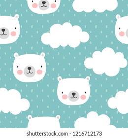 Cute Polar Bear with Clouds Seamless Pattern, Cartoon Background, Vector Illustration