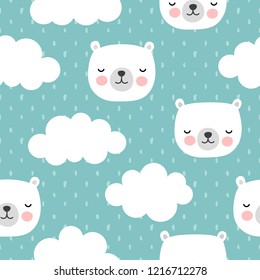 Cute Polar Bear with Clouds Seamless Pattern, Cartoon Background, Vector Illustration