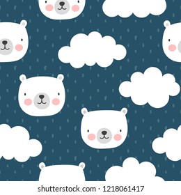 Cute Polar Bear with Clouds Seamless Pattern, Cartoon Background, Vector Illustration