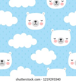 Cute Polar Bear with Clouds Seamless Pattern, Cartoon Background, Vector Illustration